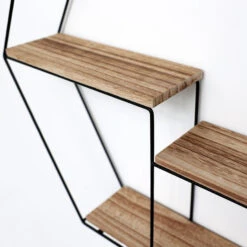 Zwart Metalen Wandrek Met 3 Houten Plankjes - Zeshoek - 48x55x10 Cm -Huishoudelijke Voorwerpen Winkel 1000038233 0103