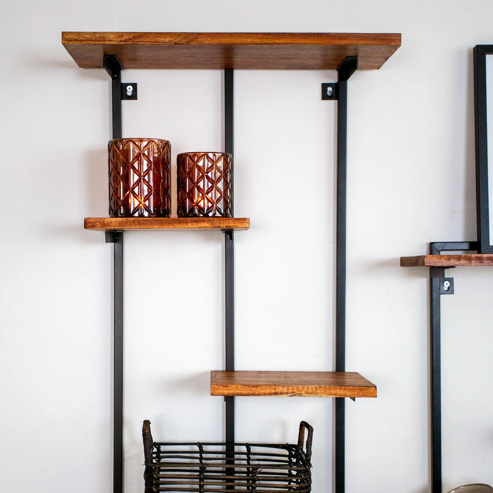 Wandplank Industrieel Set Van 3 Loïs - 18x40x90 Cm - Mangohout - Bruin 3 Wandplank Industrieel Set Van 3 Loïs - 18x40x90 Cm - Mangohout - Bruin - Afbeelding 3