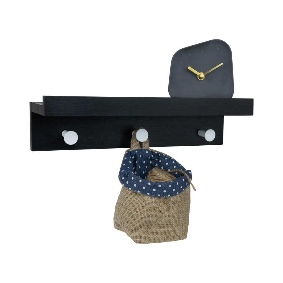 QUVIO Wand Kapstok Hout Met Plank + 3 Haken - Zwart/Zilver 1 QUVIO Wand Kapstok Hout Met Plank + 3 Haken - Zwart/Zilver