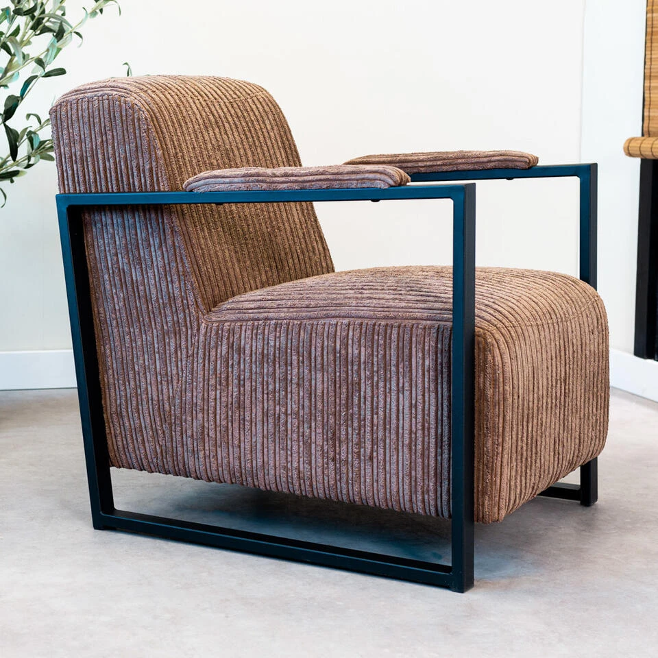 Moderne Fauteuil Madeline Ribstof Bruin - Stof - Grijs 2 Moderne Fauteuil Madeline Ribstof Bruin - Stof - Grijs - Afbeelding 2