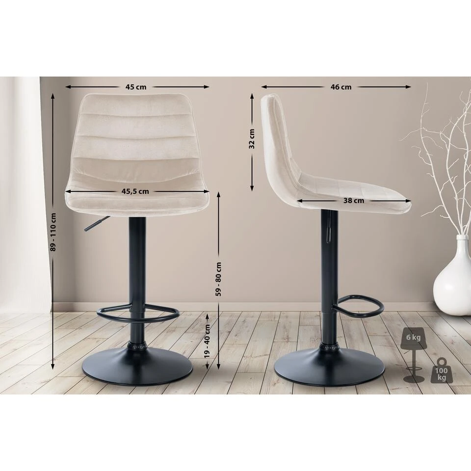 CLP Barkruk Lex Zwart Frame Fluweel Crème 2 CLP Barkruk Lex Zwart Frame Fluweel Crème - Afbeelding 2