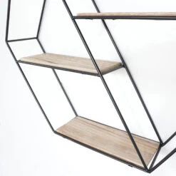 Zwart Metalen Wandrek Met 3 Houten Plankjes - Zeshoek Diagonaal -Huishoudelijke Voorwerpen Winkel 1000096533 0103
