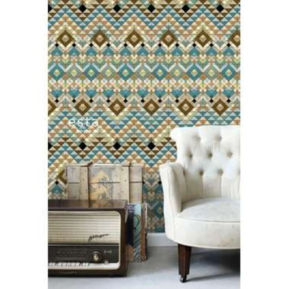 ESTAhome Behang XXL - Aztec-motief - Turquoise, Bruin - 46,5cm X 8,37m 3 ESTAhome Behang XXL - Aztec-motief - Turquoise, Bruin - 46,5cm X 8,37m - Afbeelding 3