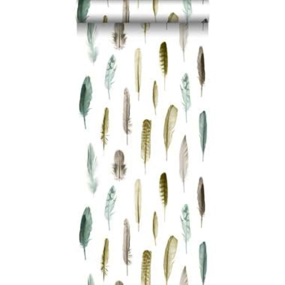 ESTAhome Behang - Veren - Okergeel, Bruin En Groen - 53 Cm X 10,05 M 2 ESTAhome Behang - Veren - Okergeel, Bruin En Groen - 53 Cm X 10,05 M - Afbeelding 2