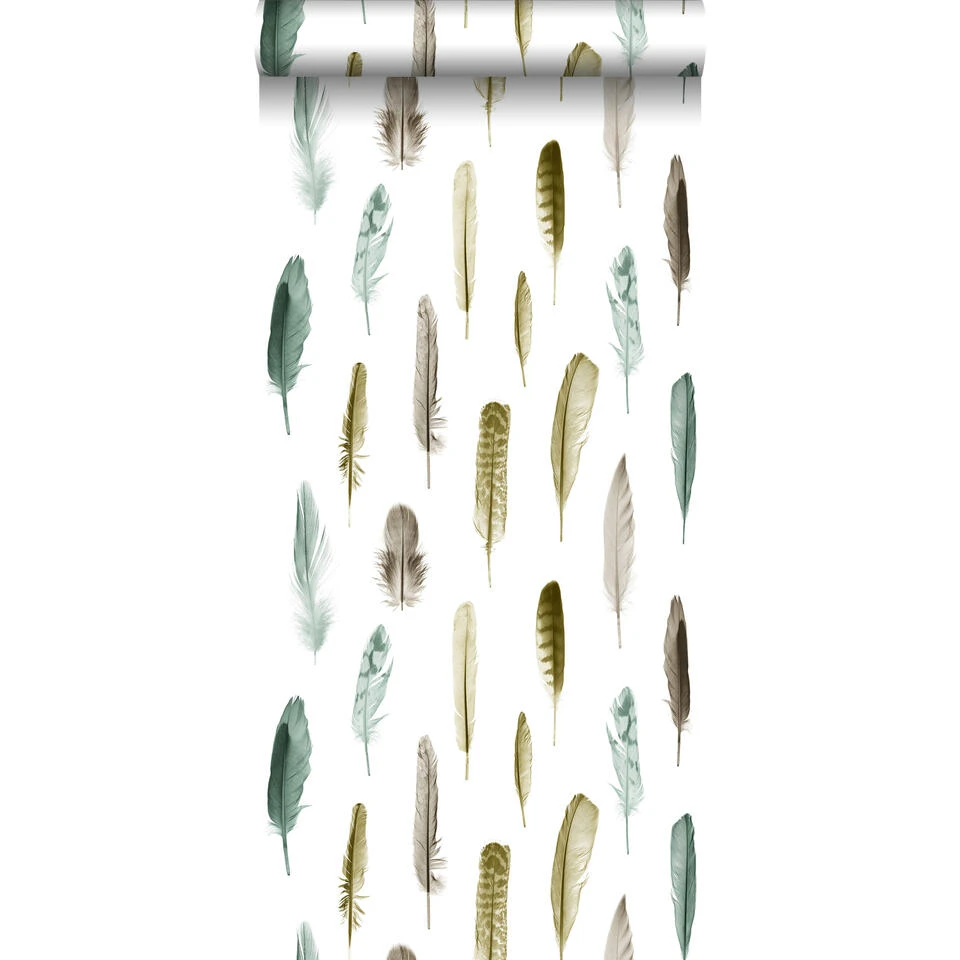 ESTAhome Behang - Veren - Okergeel, Bruin En Groen - 53 Cm X 10,05 M 1 ESTAhome Behang - Veren - Okergeel, Bruin En Groen - 53 Cm X 10,05 M