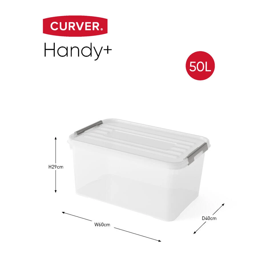 Curver Handy+ Opbergbox - 50L - 3 Stuks - Transparant Met Deksel 2 Curver Handy+ Opbergbox - 50L - 3 Stuks - Transparant Met Deksel - Afbeelding 2