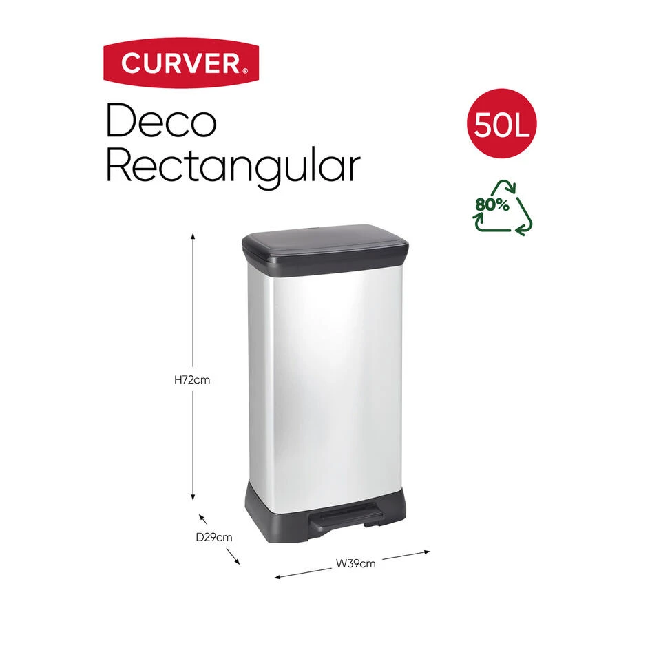 Curver Decobin Prullenbak- 50L - 39x29x72 Cm - Zilver Metallic 2 Curver Decobin Prullenbak- 50L - 39x29x72 Cm - Zilver Metallic - Afbeelding 2