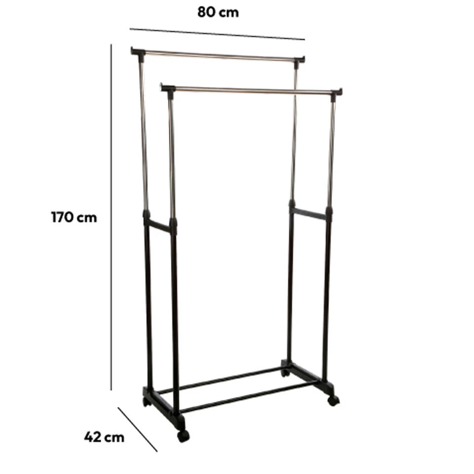 5Five Kledingrek Dubbele Stang - Kunststof/metaal - Zwart - 80 X 170cm 2 5Five Kledingrek Dubbele Stang - Kunststof/metaal - Zwart - 80 X 170cm - Afbeelding 2